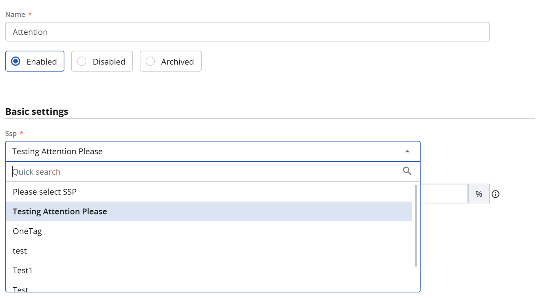 Basic SSP Settings Screen