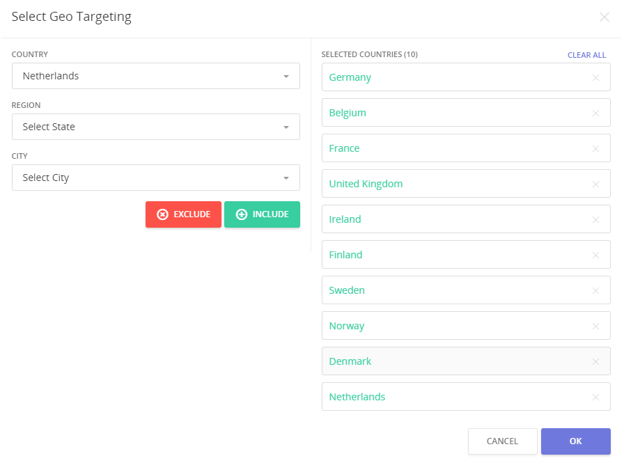 Geo targeting settings