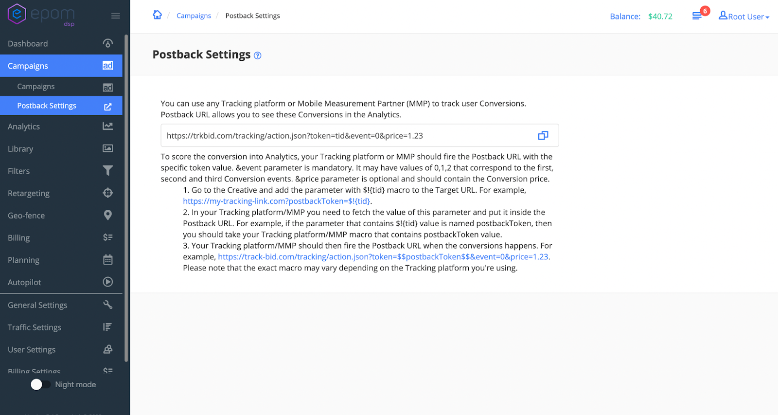Postback settings in Epom WL DSP