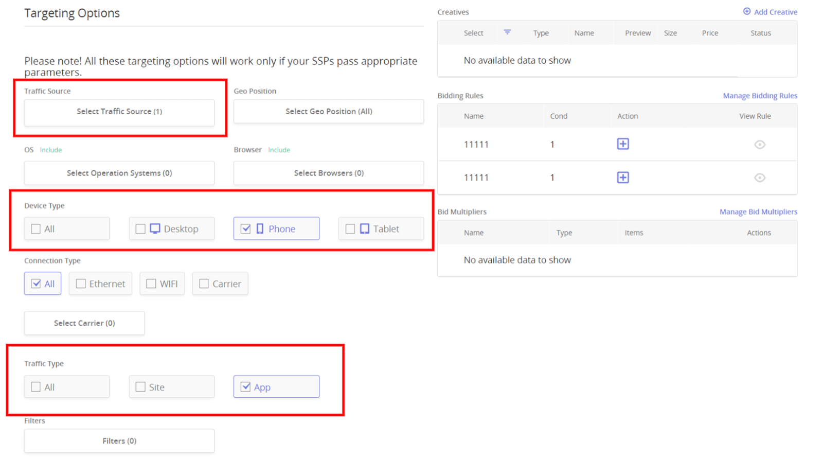 Selecting Device, Traffic Type and Source in Epom WL DSP