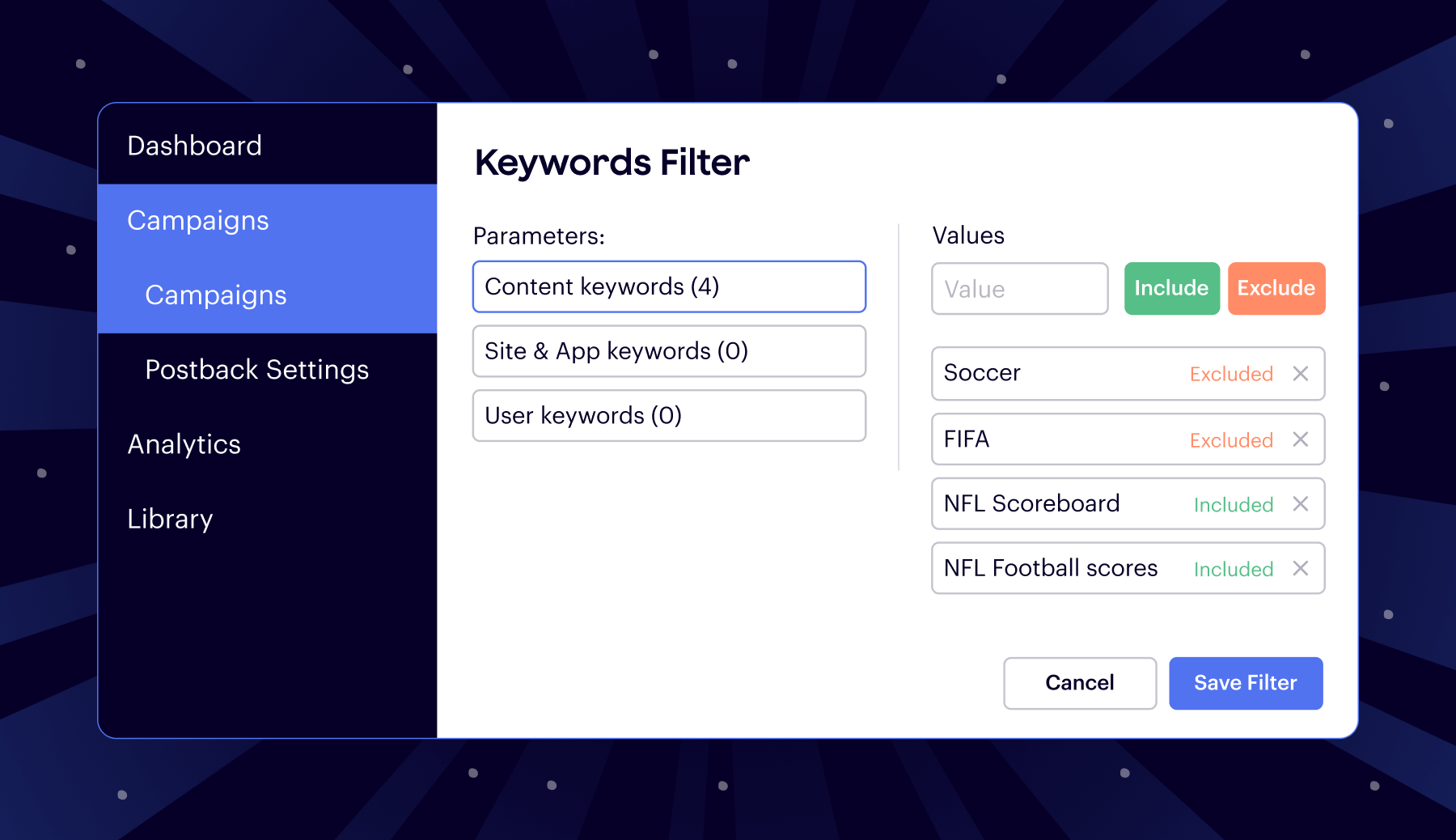 Keywords filter in Epom DSP for contextual targeting