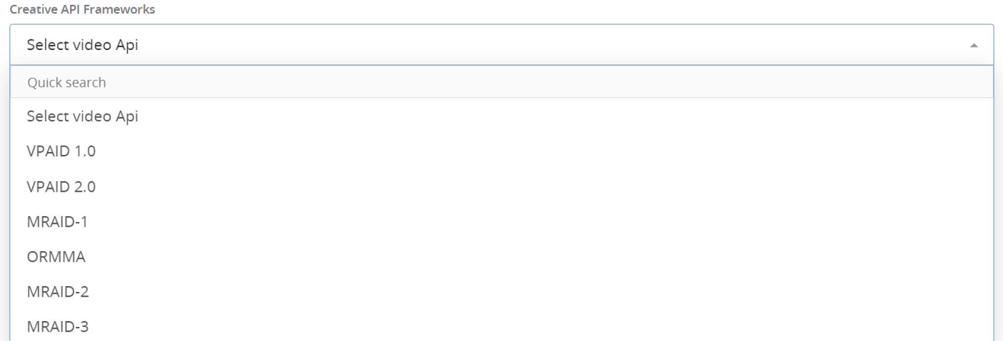 API Framework Selection Screen