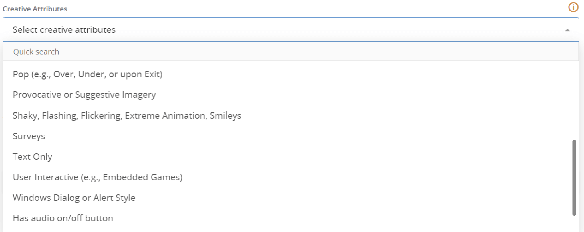Creative Attributes Selection Screen