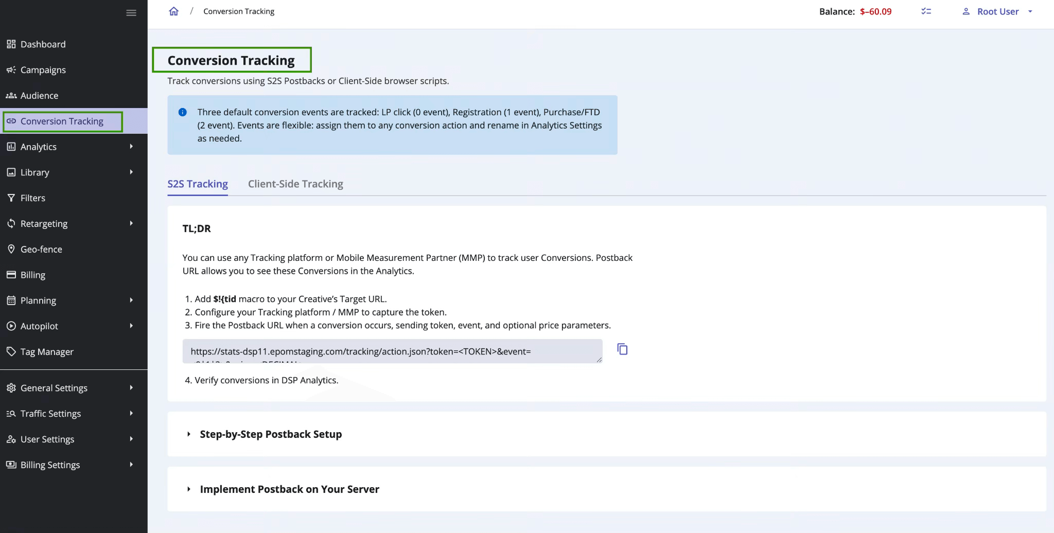 Conversion tracking tab in Epom ad platform