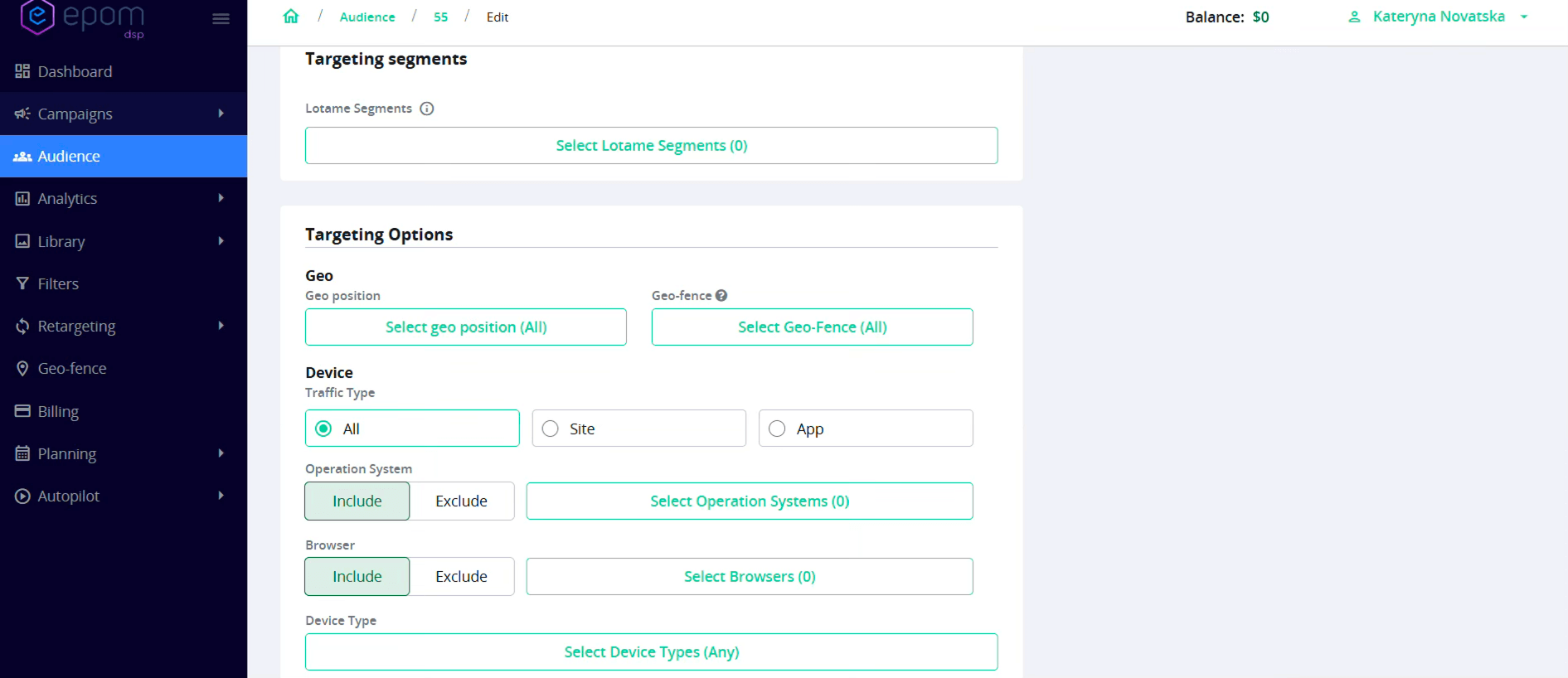 Epom DSP 7.2: targeting options in Audiences