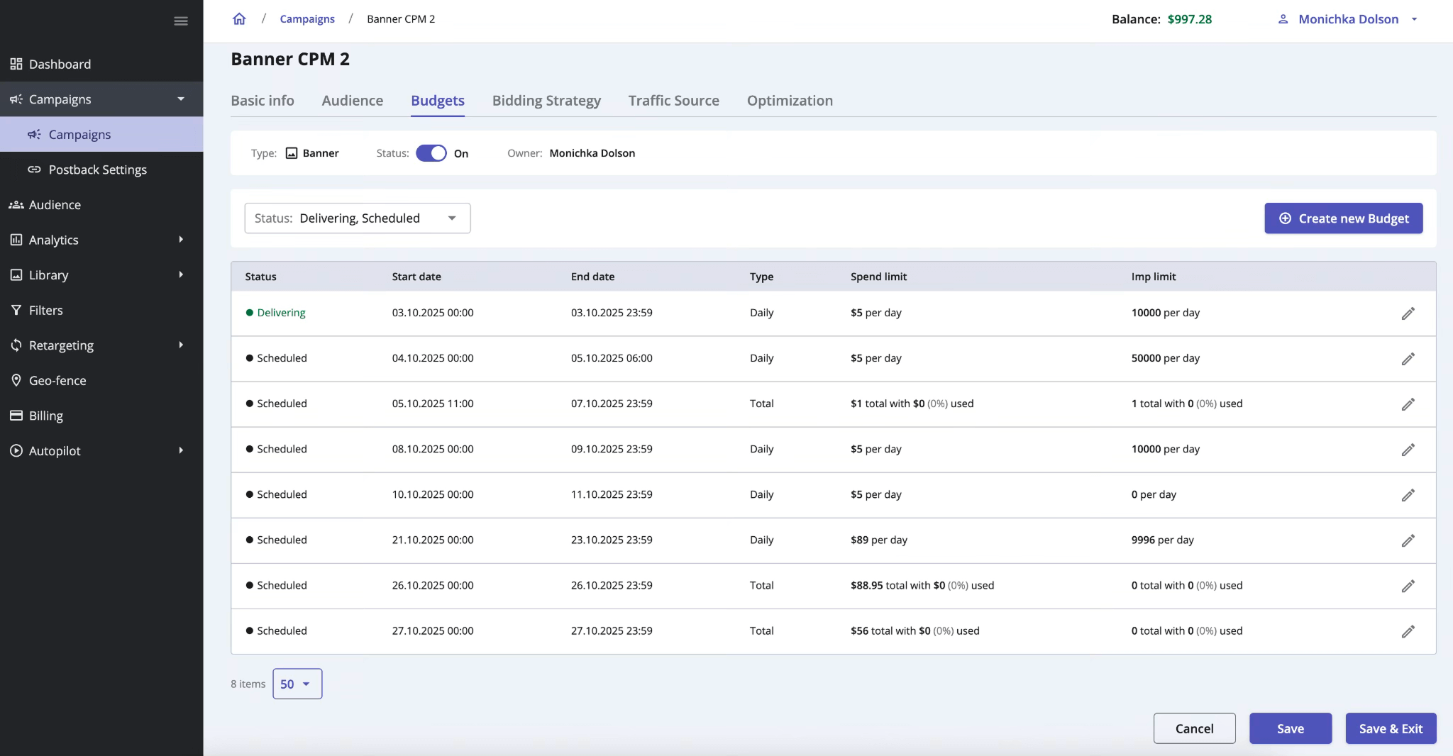 Epom DSP 7.2: Budget view and editing
