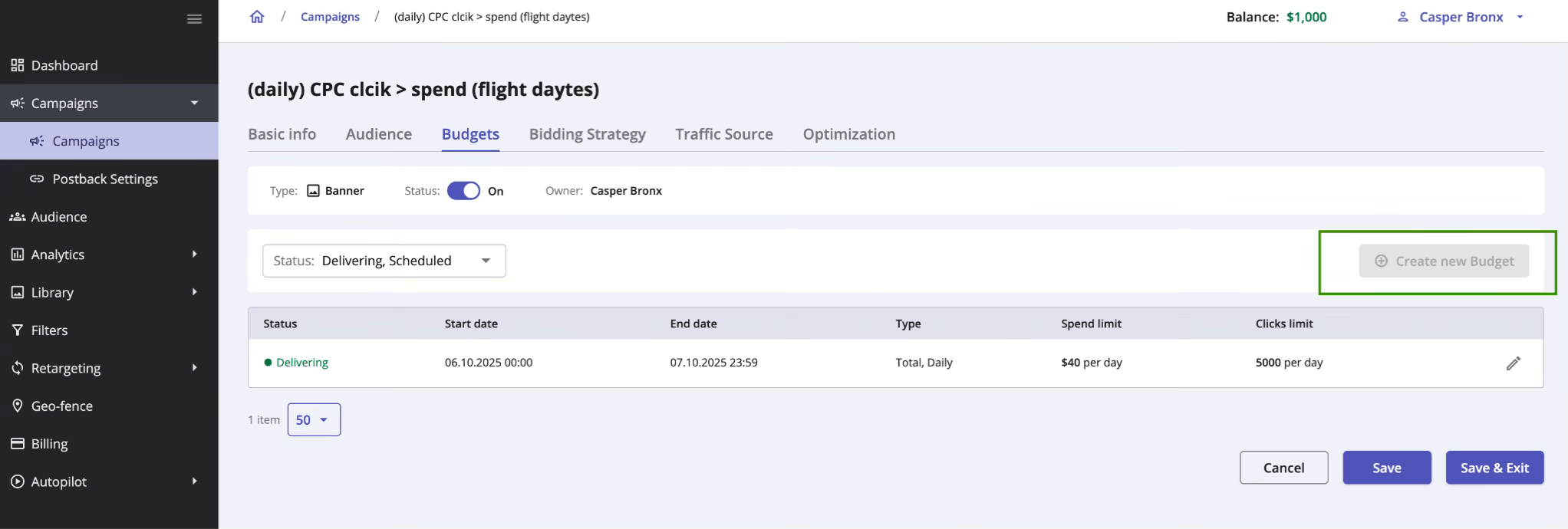 Epom DSP 7.2: creation of a budget disabled